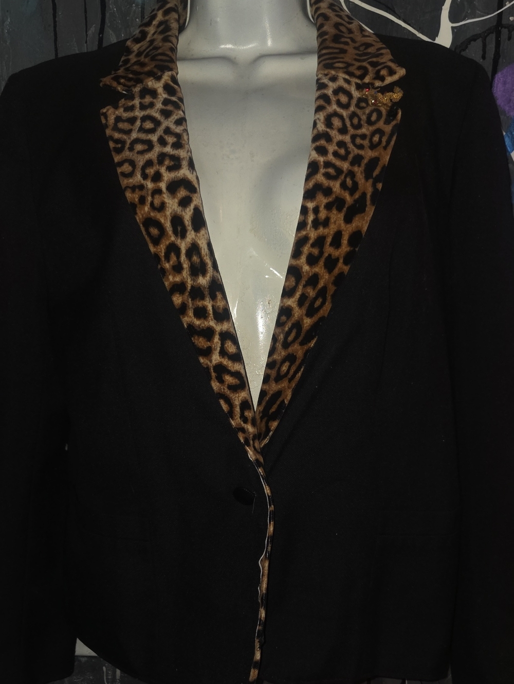 Black Blazer with Leopard Print Lapel - Women